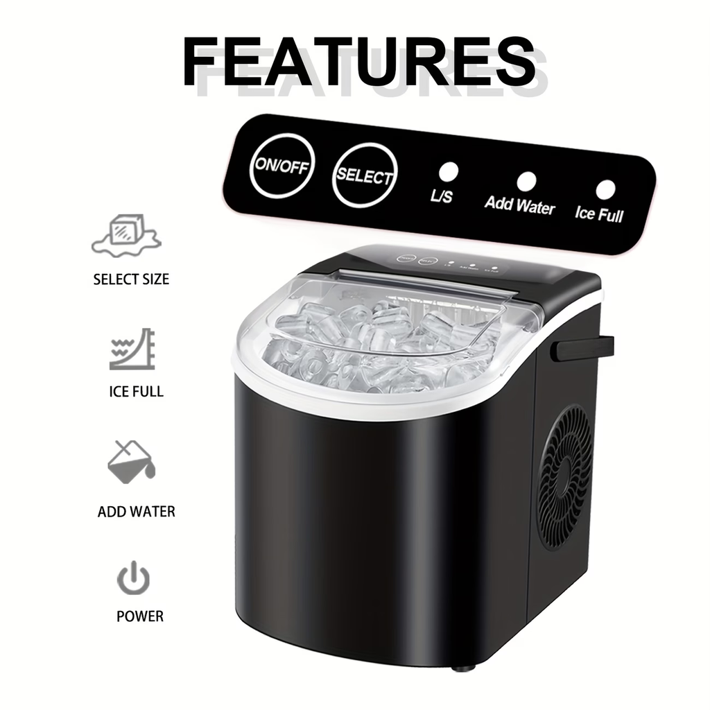 Countertop Ice Maker With Handle | Produces 26 Pounds Of Ice Within 24 Hours, Makes 9 Ice Cubes In 6 Minutes, Portable with Basket and Ice Scoop, Suitable for Malls/Warehouses/Offices
