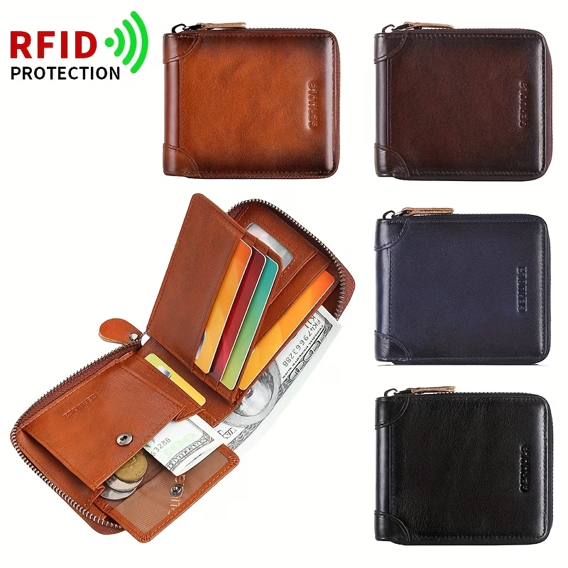 Men'S New Genuine Leather Short Wallet with Large Capacity, Zipper, Tri-Fold Design, And Ultra-Thin Cardholder