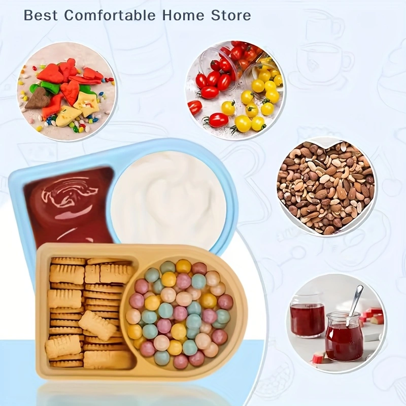 Food-grade silicone dip container with portable lid, reusable double compartment seasoning box, silicone snack box