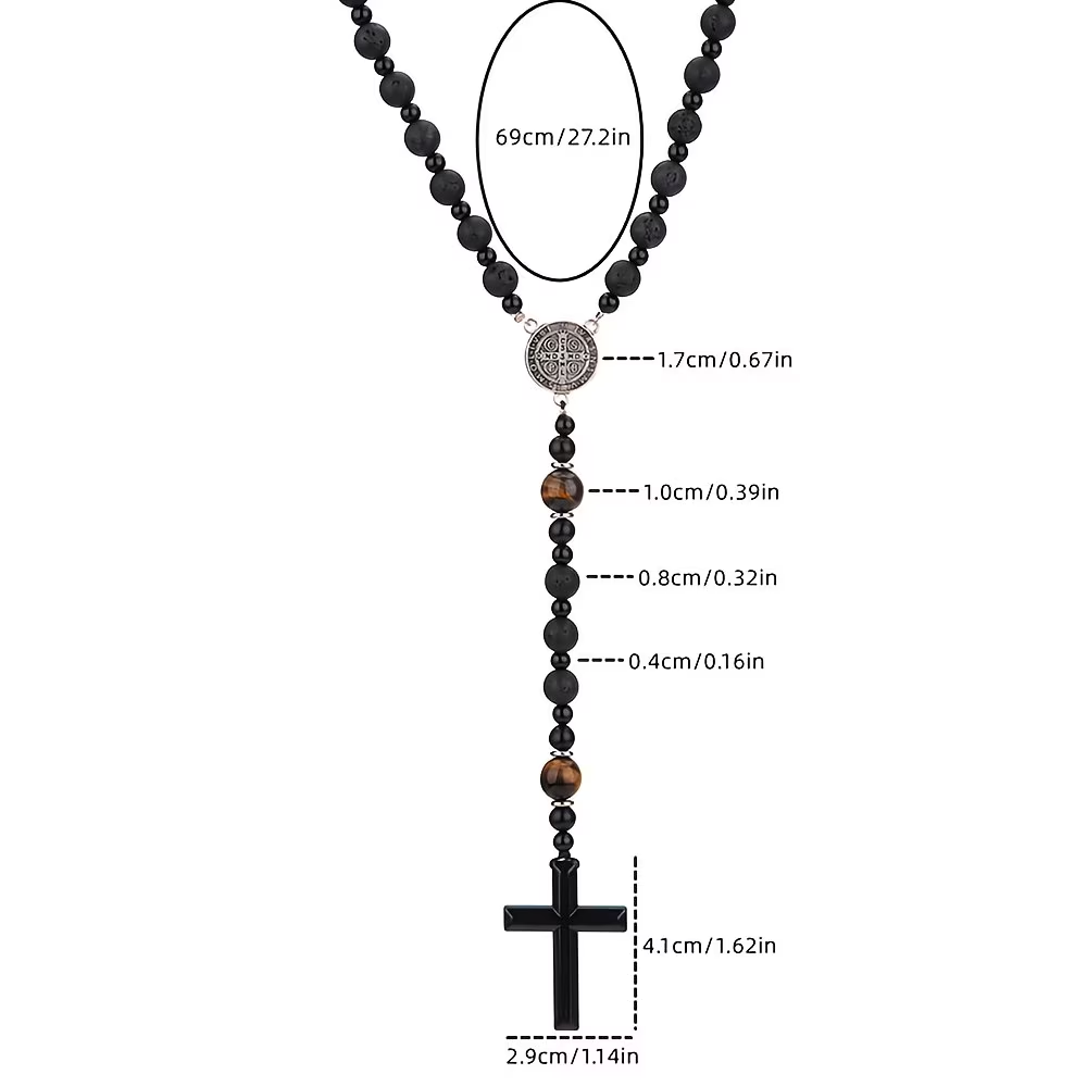 Trendy Cool Black Round Bead Yellow Tiger Eye St. Benedict Pendant Pendant Necklace Women Men Jewelry Gift
