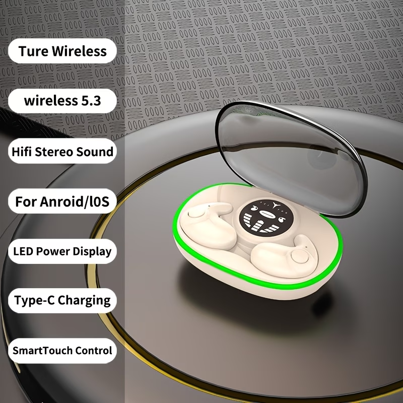Ultra Thin Wireless Sleep Earphones with High Fidelity Sound, High Volume, Comfortable to Wear, Touch Control, Half Open Back, No Tangled Cables and Wireless Charging Case, Suitable for Both Men and Women