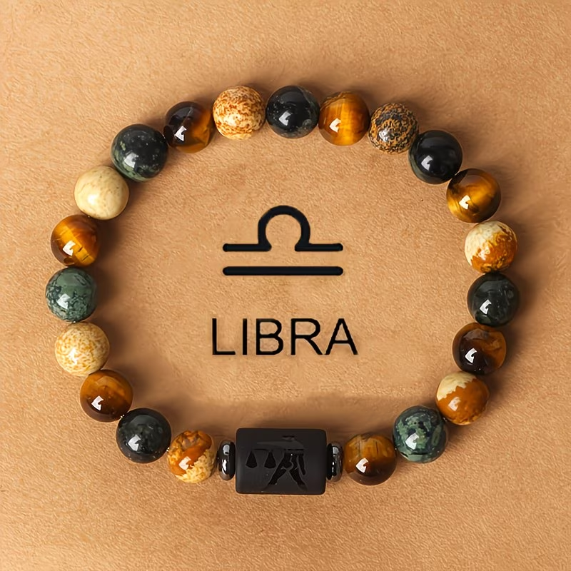 1pc 12 Constellations Zodiac Natural Stone Beaded Twelve Constellations Tiger Eye Stone Picture Stone Birthday Gift Valentine'S Day Gift Zodiac 19Cm/7.48Inch