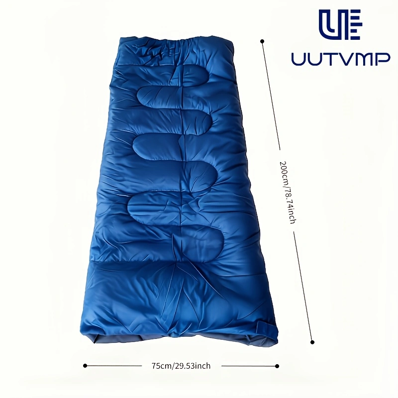 A blue envelope sleeping bag, modular and suitable for camping, hiking, trekking, cycling, travel, and other outdoor activities.