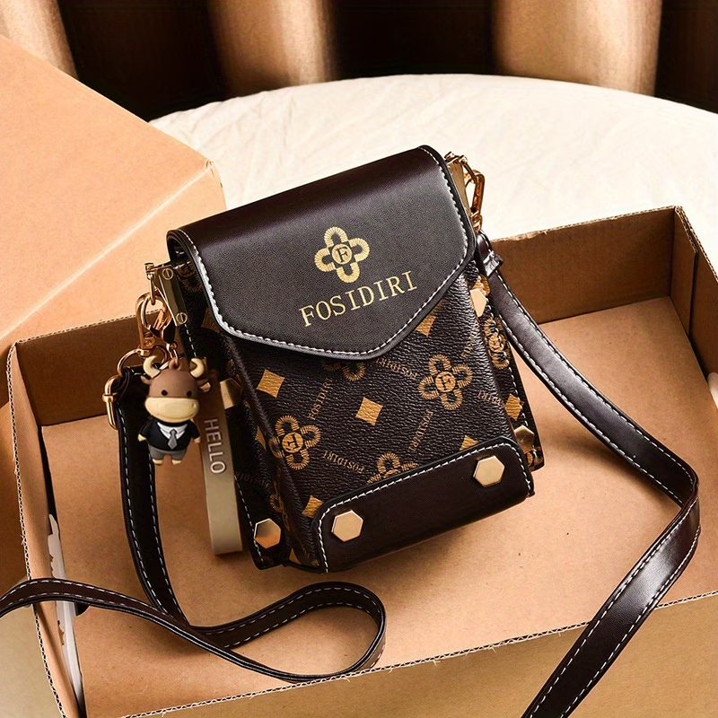 FOSIDIRI Women'S Fashionable Faux Leather Crossbody Bag - Geometric Pattern, Magnetic Closure, Adjustable Strap, Stylish Black & Beige Design with Floral Accents, Everyday Bag|Geometric Pattern Bag|Magnetic Closure Bag