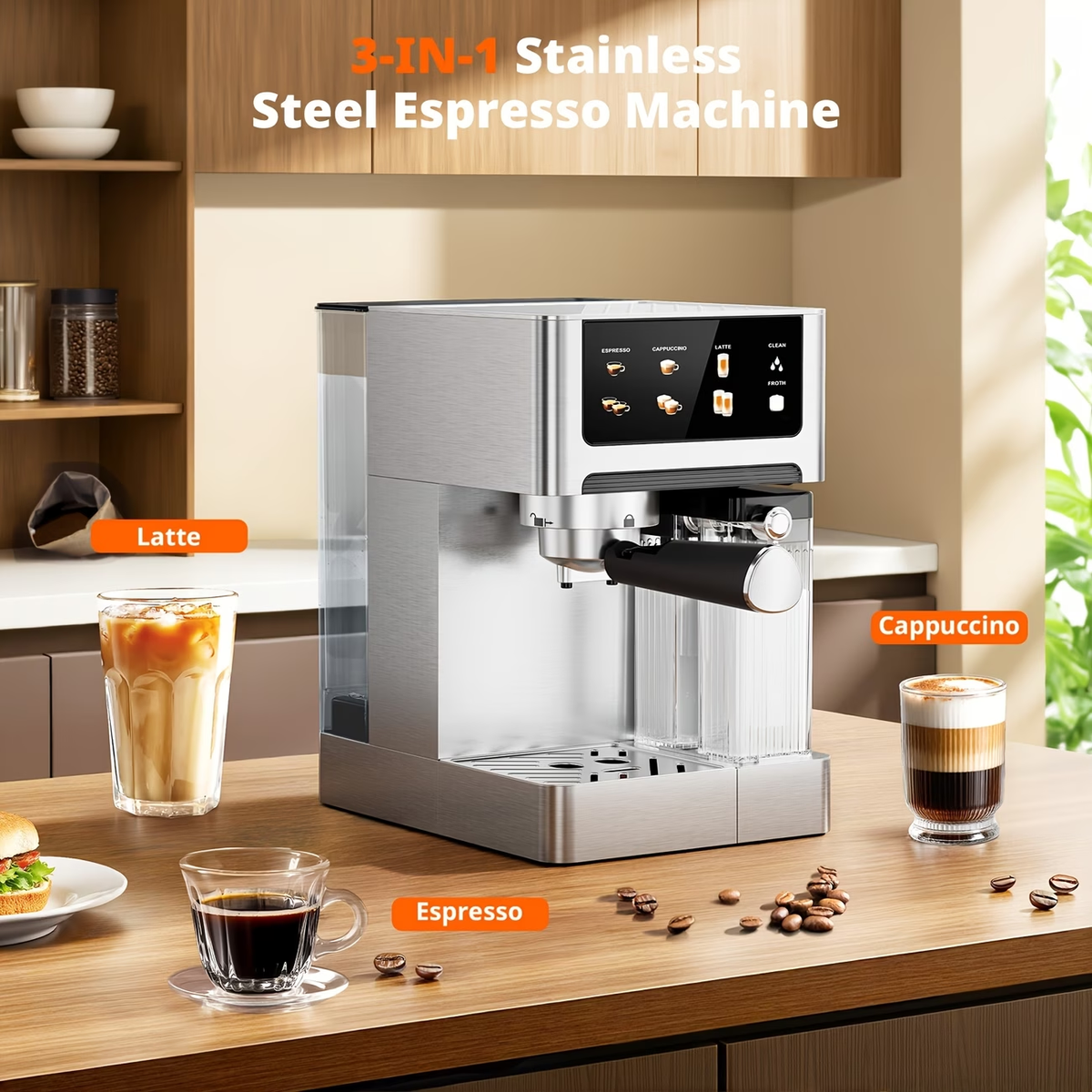 20-Bar Dual Boiler Espresso And Cappuccino Machine - 3-in-1 Latte Coffee Maker With Automatic Milk Frother And LED Touch Control