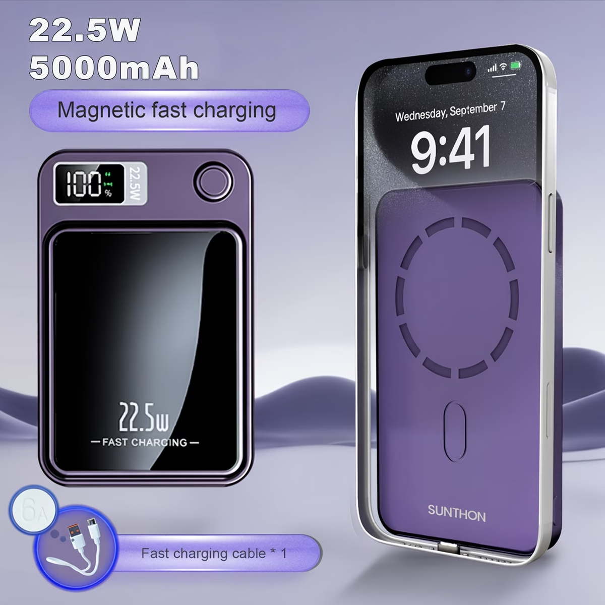 Sunthon Magnetic Wireless Charging Power Bank, 10000/5000mAh Portable Wireless Charger, 22.5W/PD20W Fast Charging Battery Pack, with LED Power Display, 2 Outputs And Dual Input External Battery Pack for iPhone 17/16/15/14/13/12 And Android Universal