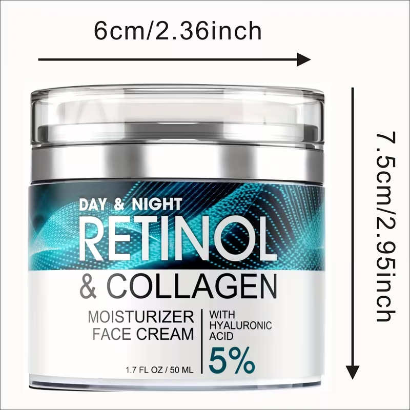 1pc 50ml Retinol Moisturizing Cream with Collagen, Hyaluronic Acid & Vitamin E • Hypoallergenic Face Moisturizer for Dry Light • Improves Elasticity • Hydrating Lotion for Women & Men • All Light Types • Daily Skincare • Sleek Jar Design