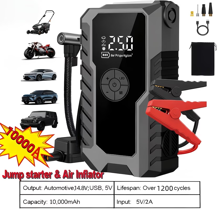 10000A 7-in-1 Multifunctional Emergency Jump Starter With 150PSI Air Pump, Digital Tire Inflator, Portable Car Battery Charger, Up To 2.64gal Gas/2.38gal Diesel, LED Emergency Light & USB Charging, Car Emergency Tool.Suitable As A Holiday Gift.