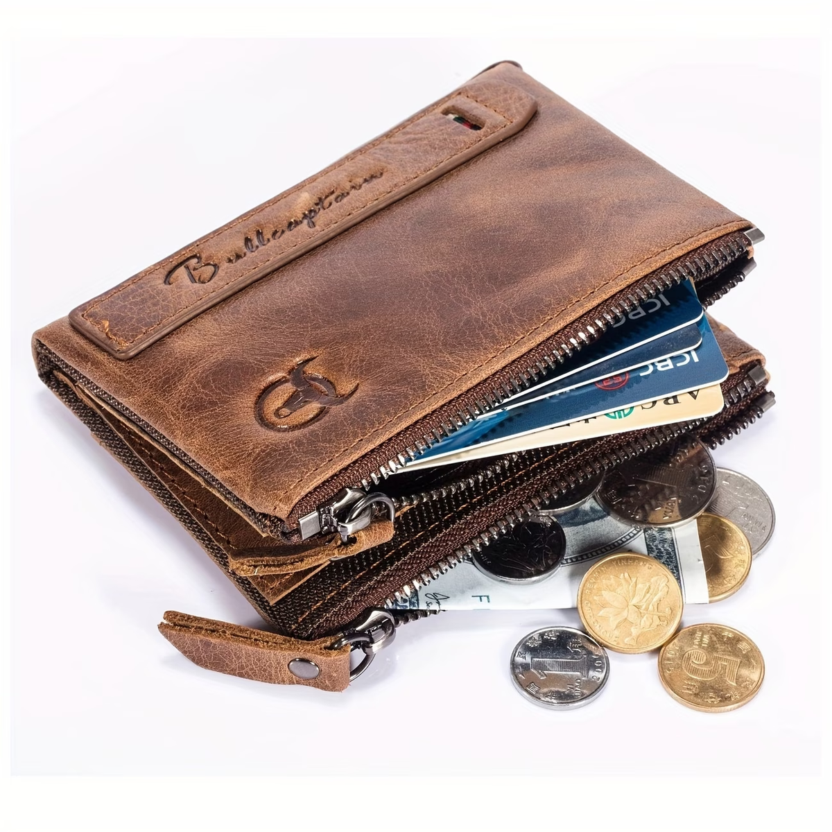 Men's Genuine Leather Wallet, Vintage Style, Animal Pattern, Braided Weave, Ruffle Detail, with Dual Zipper Pockets, Men's Everyday Wallet | Retro Charm Wallet | Crafed with Detailing