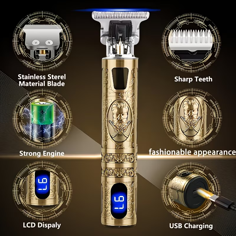 Men's Cordless Electric Hair Clippers & Beard Trimmer with LCD Screen, USB-Rechargeable Cordless Grooming Kit, T-Blade Trimmer with Guide Comb Suitable for Hair, Shaving, and Scalp Trimming