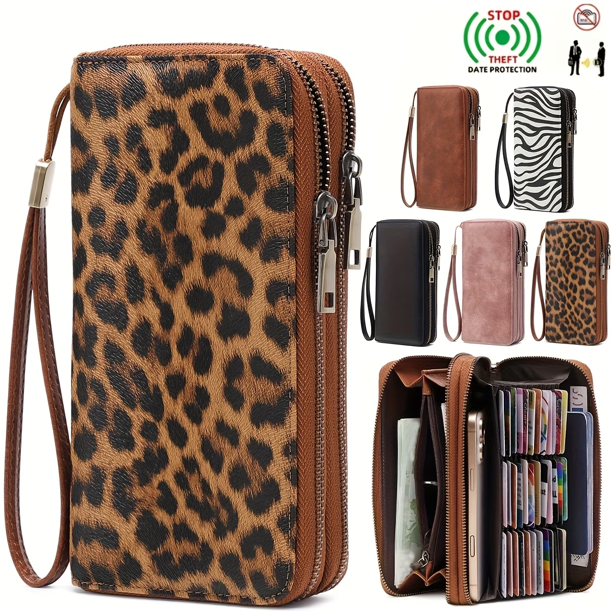 Women'S Retro Leopard Print Large Capacity Wallet with RFID Blocking, Golden-Tone Hardware & Zipper Closure - Multi-Compartment Design with Card Slots