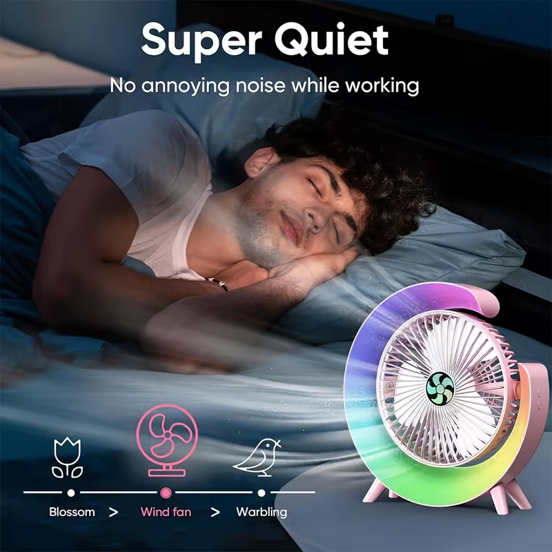 USB Desktop Fan with LED Light, Multifunctional Small Fan, Silent And Portable, 3-Speed Regulation, Rechargeable, Long Battery Life, Home Office Bedside Radiator, Creative Design, Summer Cool Gift