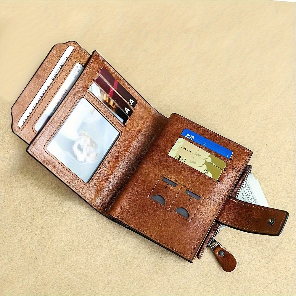 Men's Vintage RFID Blocking Wallet - Genuine Leather -Theft Billfold with Zipper Coin Pocket, 14 Card Holder, 2 ID Window & SD/ SIM, 2 Driver ID Holder - Leather for Christmas Valentine's/Father's Day Gift for Men Set Includes a Greeting Card