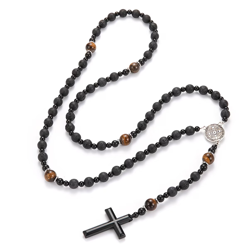 Trendy Cool Black Round Bead Yellow Tiger Eye St. Benedict Pendant Pendant Necklace Women Men Jewelry Gift