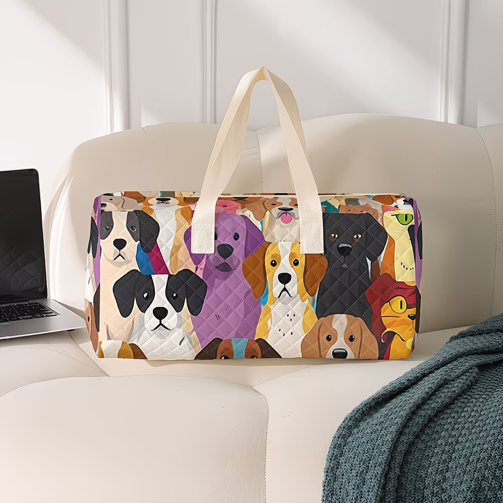 Cartoon Abstract Kitten Pattern Printed Handbag, Diamond Grid Large Capacity Travel Luggage Bag, Portable Overnight Bag, Fashionable Travel Bag, Yoga Training Bag, Portable Crossbody Bag with Shoe Storage