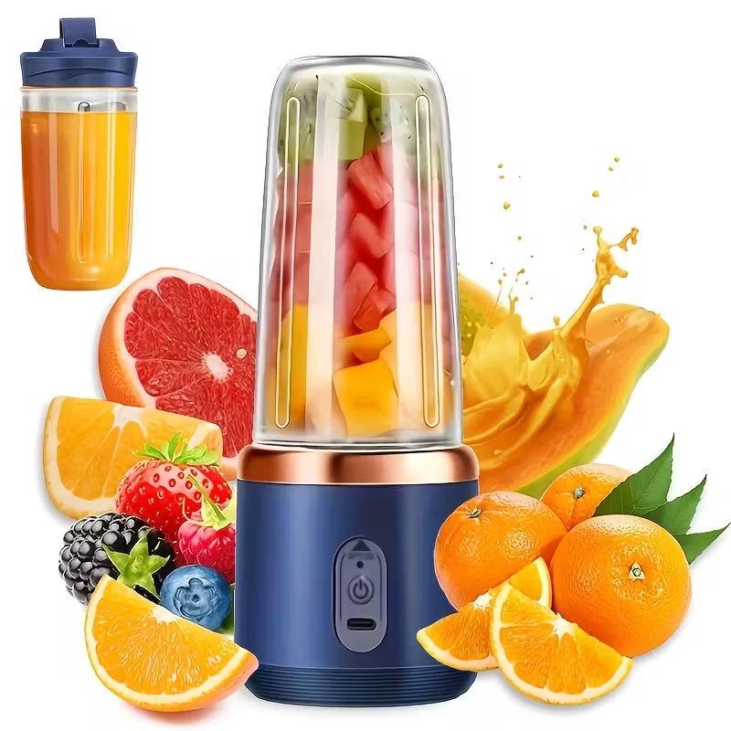 Portable Juicer That Can Be Charged Via USB, Comes with Two Cups, Features a Sport Cup Lid, And Is Multifunctional. It Has a Design And a Six-Blade System for Quick Juicing, Producing Smooth Juice, Making It Ideal for Home, Kitchen, And Travel Use