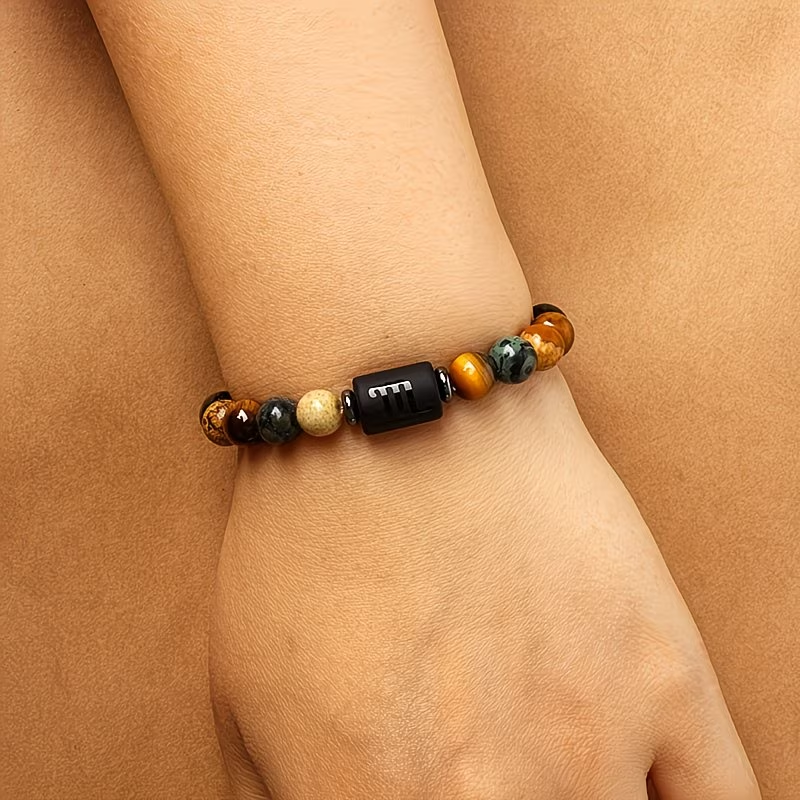 1pc 12 Constellations Zodiac Natural Stone Beaded Twelve Constellations Tiger Eye Stone Picture Stone Birthday Gift Valentine'S Day Gift Zodiac 19Cm/7.48Inch