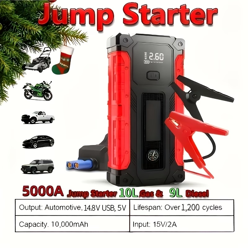 10000A 7-in-1 Multifunctional Emergency Jump Starter With 150PSI Air Pump, Digital Tire Inflator, Portable Car Battery Charger, Up To 2.64gal Gas/2.38gal Diesel, LED Emergency Light & USB Charging, Car Emergency Tool.Suitable As A Holiday Gift.