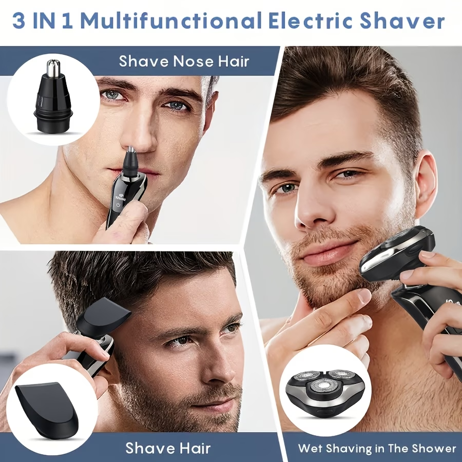 3-In-1 Electric Shaver, Rotary Shaver, Sideburns Trimmer, Nose Hair Trimmer; USB Charging, 3D Floating Shaving, Clean Shaving, Men'S Holiday Gift
