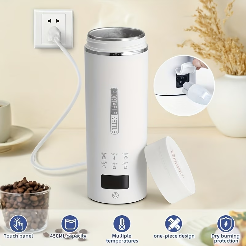1pc Travel Electric Kettle, Portable Mini Water Boiler with 6 Temperature Settings, 304 Stainless Steel, Auto Shut-Off and Boil-Dry Protection, BPA-Free, 15.22oz, Suitable for Brewing Coffee, Flower Tea, and Milk
