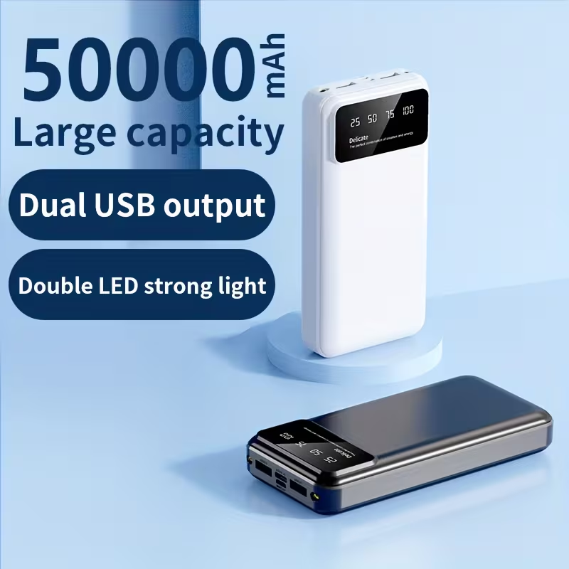 A Portable Power Bank with a Capacity of 50000Mah, Suitable for Charging Mobile Phones And Android Devices, Featuring an LED Display for Power Output And a Flashlight, Ideal for Outdoor Travel As an Emergency Power Source, Backup Battery Pack