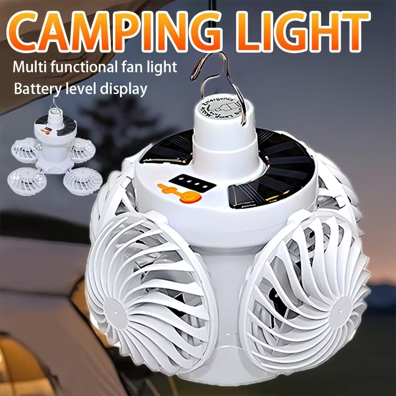 1pc Solar Charging Camping Light, with Fan Function, Portable Foldable Flashlight, Hook Design, 3 Modes, Suitable for Emergency Lighting at Night for Fishing, Camping, And Tourism