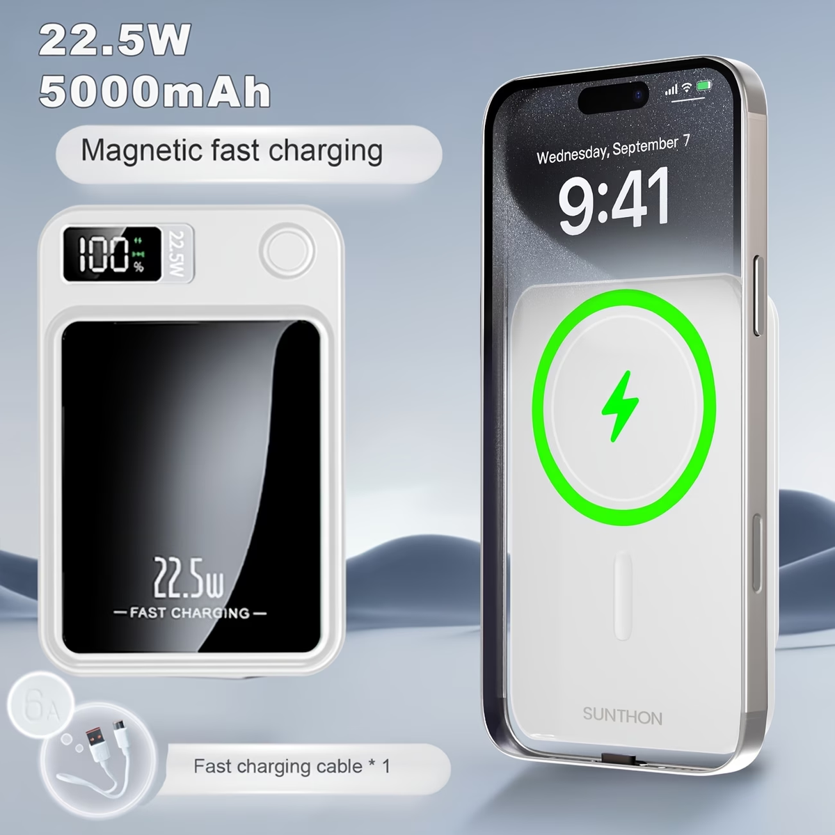 Sunthon Magnetic Wireless Charging Power Bank, 10000/5000mAh Portable Wireless Charger, 22.5W/PD20W Fast Charging Battery Pack, with LED Power Display, 2 Outputs And Dual Input External Battery Pack for iPhone 17/16/15/14/13/12 And Android Universal