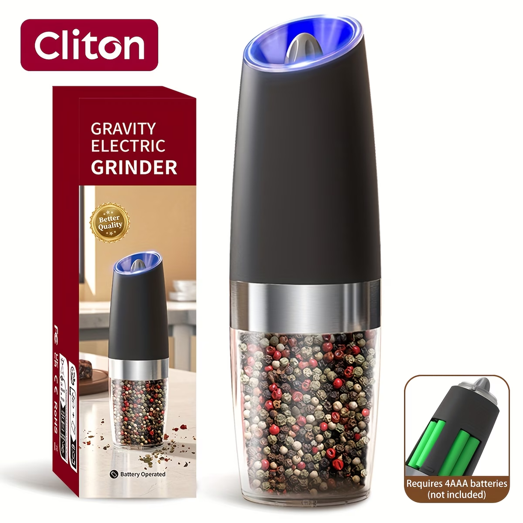 1/2pcs/set, Gravity Electric Salt And Pepper Mill, Powerful Pepper Grinder, Tilt to Grind Automatically, Battery Powered, Coarseness Adjustable, Upgraded Large Capacity, Easy to Clean, One-Hand Operation, Kitchen Essentials, LED Light, Gift Ideas