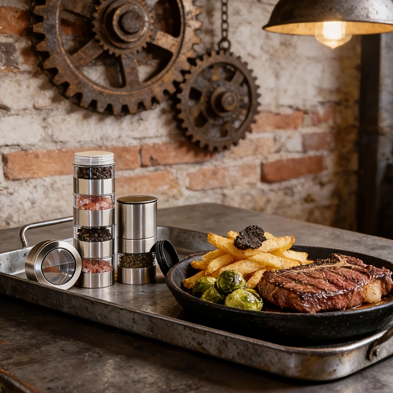 Five-layer stainless steel pepper grinder, a kitchen seasoning essential, with a transparent viewing chamber, rotary grinder, and adjustable coarseness.