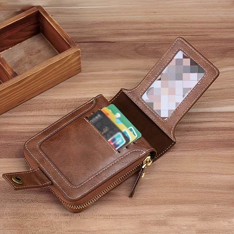 1pc, Fashionable Bark-pattern Brown PU Credit Card Holder with Zipper and Snap Closure, Small Zippered Coin Pouch, Zipper Button Closure, Business Style, Futuristic Zipper Wallet, ID Card Holder, Thanksgiving, Christmas, Warm Winter New Arrival