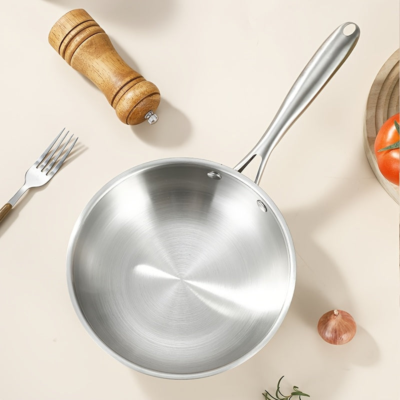 Uncoated stainless steel single handle frying pan, 11.02 inch flat bottomed healthy non chemical coating, evenly heated, universal for induction cookers and gas stoves, suitable for frying eggs, steaks, and dumplings