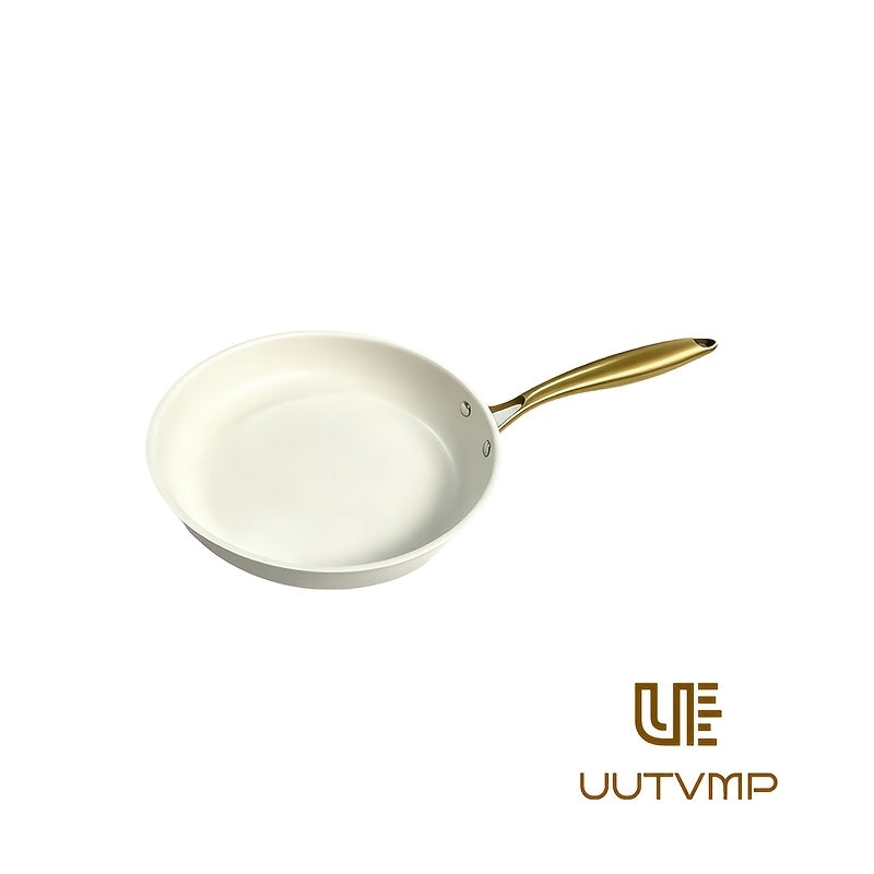 High appearance cream white non stick frying pan, golden handle, pot diameter 11.02 inches, flat bottom with uniform thermal conductivity