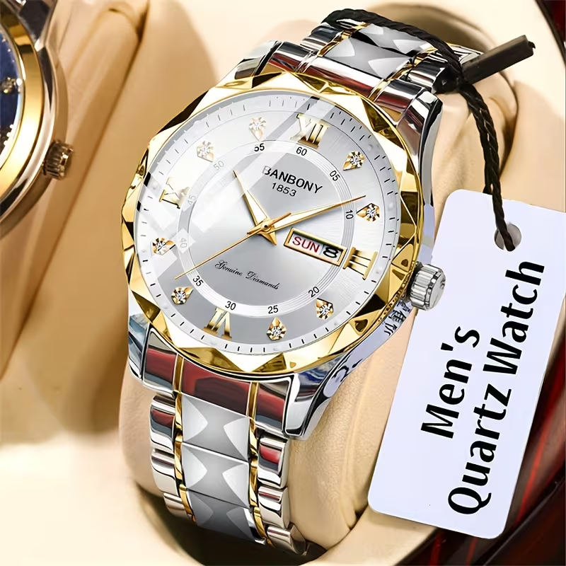 1 New Stainless Steel Men'S Quartz Watch with Roman Numerals, Rhinestone Dial, Date Calendar, Trendy Minimalist Luxury Brand, Luminous Sports Casual Business Multi-Functional Watch - Ideal Birthday Gift and Holiday Present, Elegant Watch For Men
