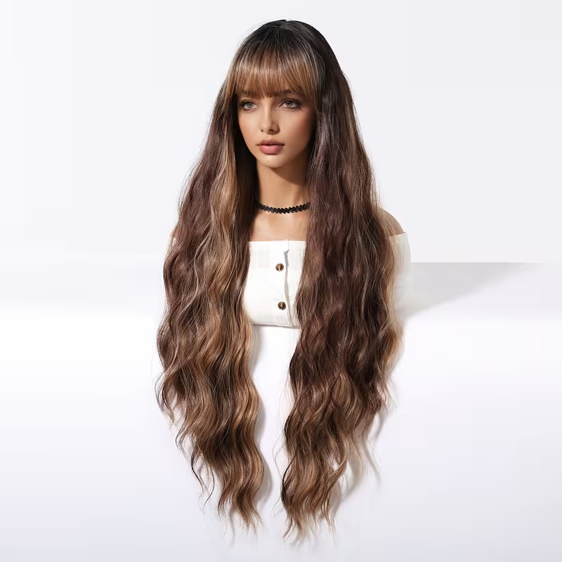 [Brown Curly Daily Wear Wig] Elegant 32" Brown Curly Wig with Bangs for Women - Soft, Heat-Resistant Synthetic Hair, Perfect for Daily Wear & Special Occasions