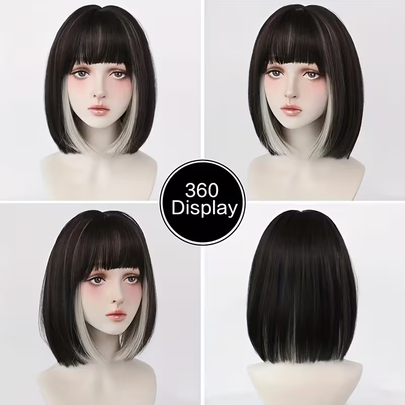 Dress up Popo Wig Short Straight White High Gloss Black Wig Suitable for Women's Daily Party Use with Bangs, Daily Wig Wearing, Women's Fashion