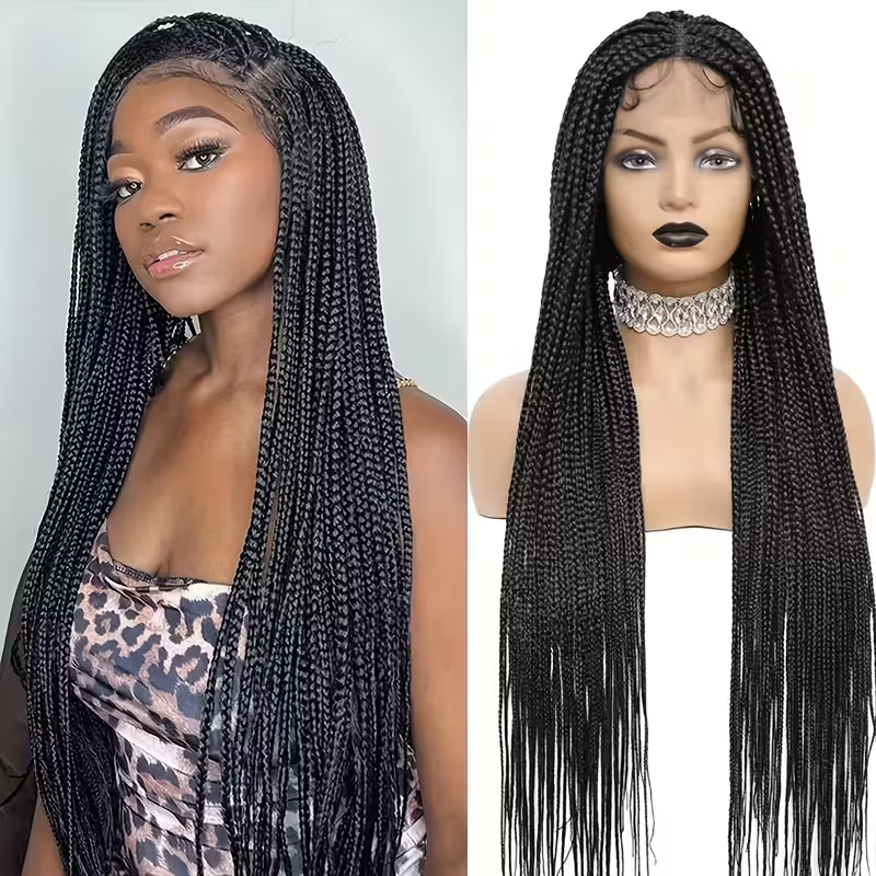 34 Inch Synthetic Full Lace Braided Wig for Women - Double Lace Front Knotless Braids with Thin Hair, Density Straight Hair, Brown Square Knotless Wig for Daily Part Use, Stylish Hair Accessory, Elegant Hairstyle, Secure Fit Wig