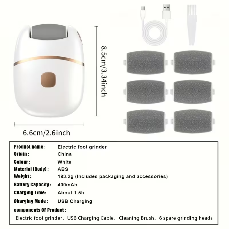 Rechargeable Electric Foot Scrubber with 6 Interchangeable Heads for Removing Dead Skin And Polishing, Powered by USB, Featuring a Smooth Two-Tone Design (White And Golden) And an Ergonomic Handle for a Comfortable User Experience.