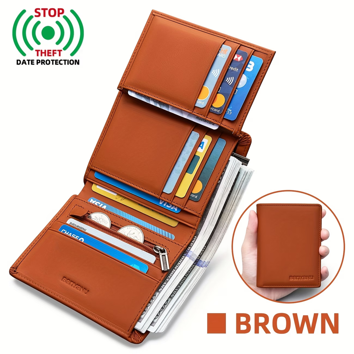 Genuine Leather Three-Fold Wallet for Men, 13 Card Slots with Anti-Theft Feature