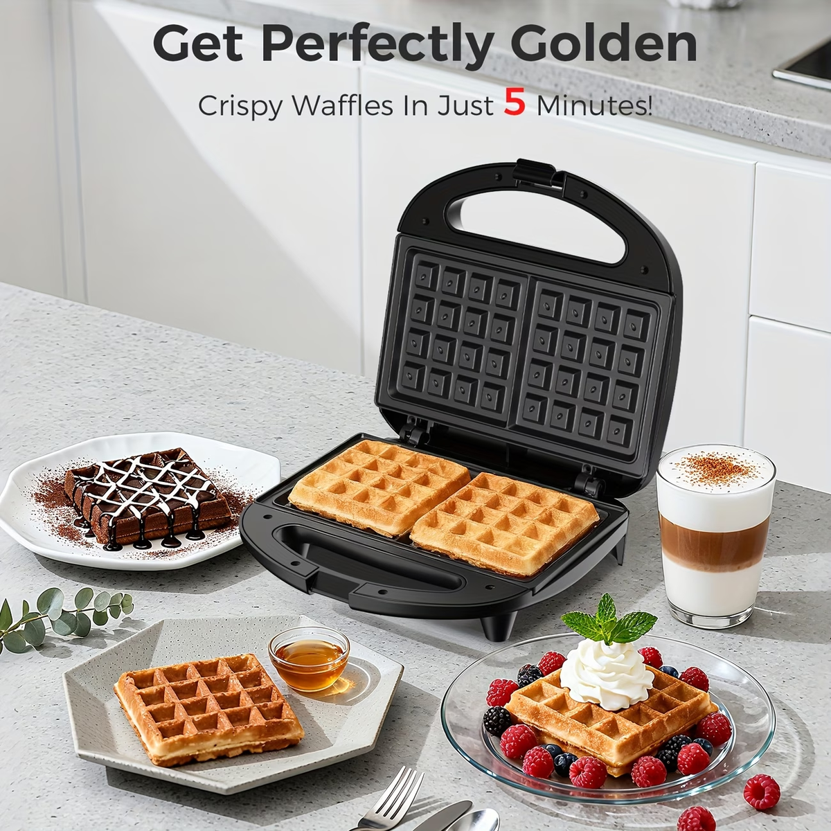 Two-Slice Non-Stick Waffle Maker, Belgian Style with Indicator Lights, Pfoa-Free, Ideal for Breakfast And Snacks, 750 Watts