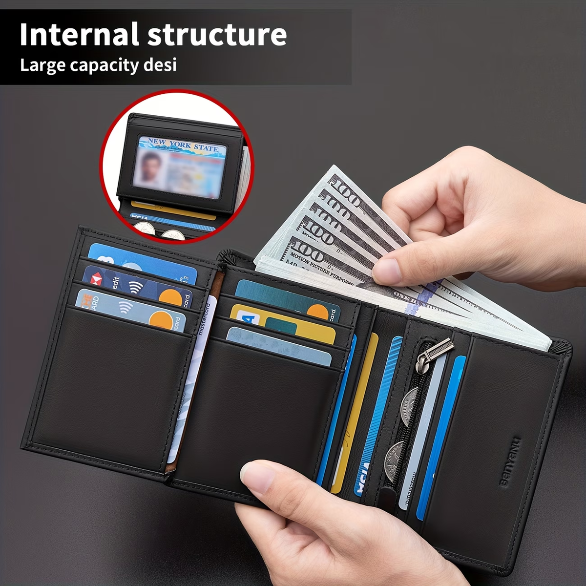 Genuine Leather Three-Fold Wallet for Men, 13 Card Slots with Anti-Theft Feature