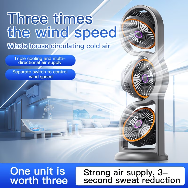 Triple Head Air Circulating Fan, 360 Degree Oscillating Quiet Tower Fan with Brushless Motor, Multiple Speed Modes, 1181.1inch Long Range Airflow, Independent 3-Head Control, Portable Standing Cooling Fan for Home Office Bedroom Living Room