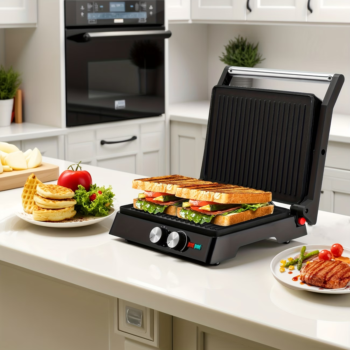 3-in-1 Electric Indoor Grill - Panini Press with Non-Stick Cooking Plates, Opens 180-Degree Gourmet Sandwich Maker, Floating Hinge Fits All Foods, Panini Press Grill with Grease Tray