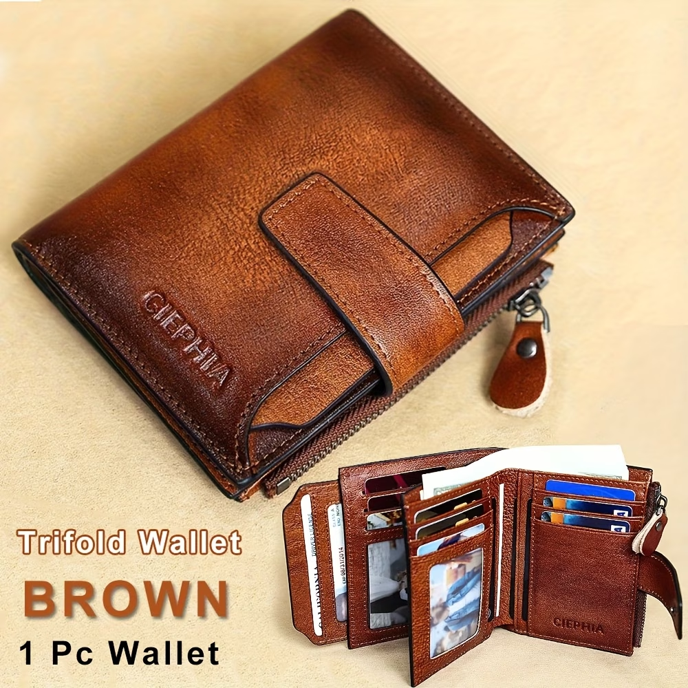 Men's Vintage RFID Blocking Wallet - Genuine Leather -Theft Billfold with Zipper Coin Pocket, 14 Card Holder, 2 ID Window & SD/ SIM, 2 Driver ID Holder - Leather for Christmas Valentine's/Father's Day Gift for Men Set Includes a Greeting Card