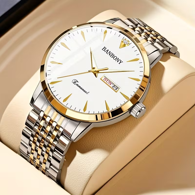 New Banbony Unisex Stainless Steel Quartz Watch with Rhinestone Accents, Water-Resistant IPX7, Sleek HD Dial, Date Display, Golden-Tone Finish - Ideal for Casual Wear, Parties, and Gifts