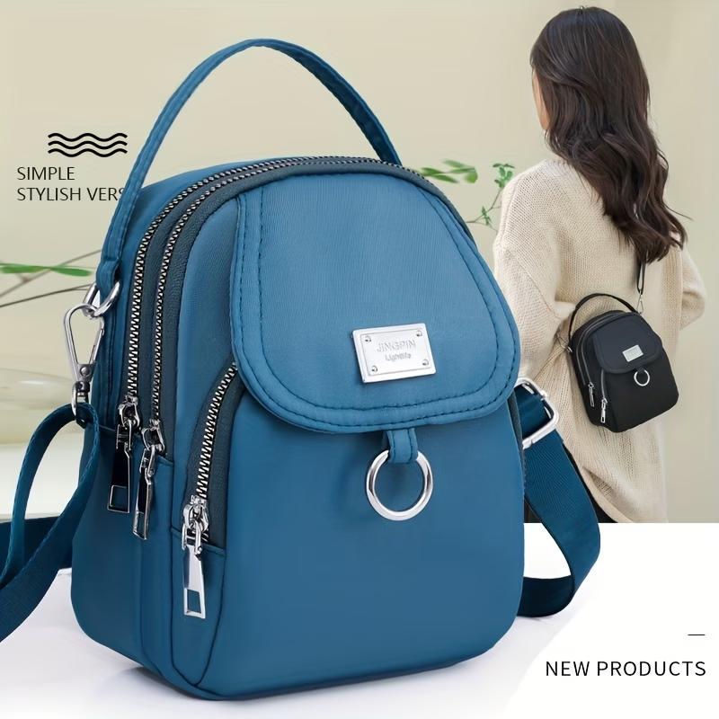 OGEHUAFEE Women'S Light Blue Nylon Shoulder Bag - Casual Mini Crossbody with Adjustable Strap, Multi-Layer, External Headphone Hole, Solid Color, Secure Zip Closure, Small Crossbody Bag