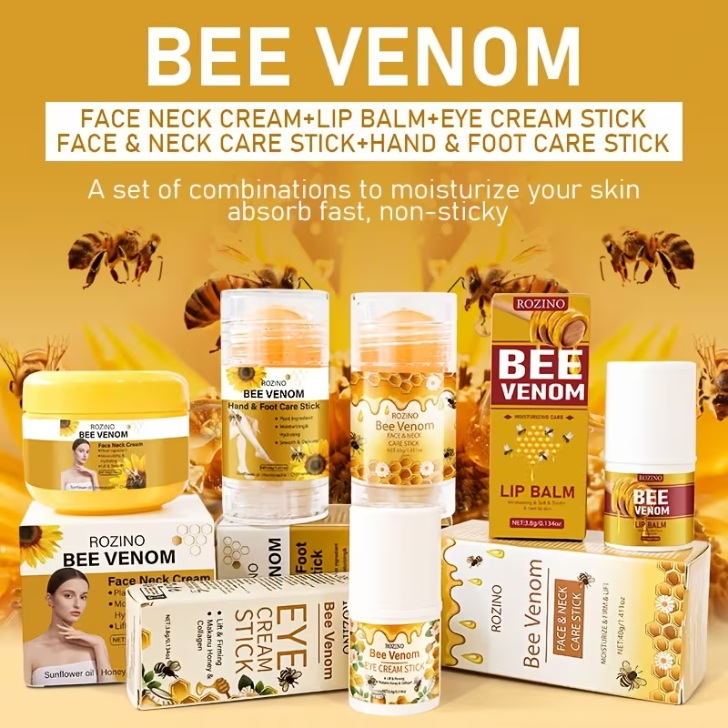 5pcs Bee Venom Care Combination, used for various purposes such as lip, face, neck, hands, feet, and body care. It is moisturizing, comprehensive, lightweight, non greasy, quickly absorbed, gentle and non irritating, portable and easy to use, Hand
