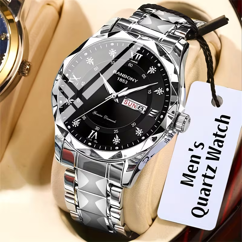 1 New Stainless Steel Men'S Quartz Watch with Roman Numerals, Rhinestone Dial, Date Calendar, Trendy Minimalist Luxury Brand, Luminous Sports Casual Business Multi-Functional Watch - Ideal Birthday Gift and Holiday Present, Elegant Watch For Men