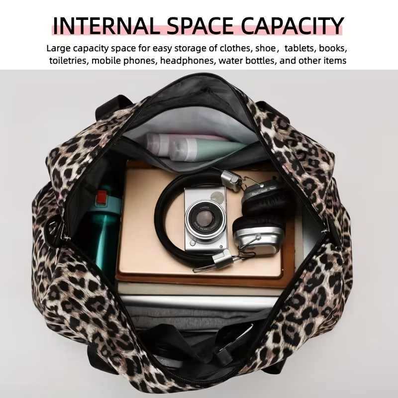 Trendy Leopard-Patterned Suitcase with Ample Space, Featuring a Separate Compartment for Shoes, an Adjustable Shoulder Strap, Ideal for Gym, Yoga, And Weekend Getaways, As Well As Leisure Activities And Outdoor Camping
