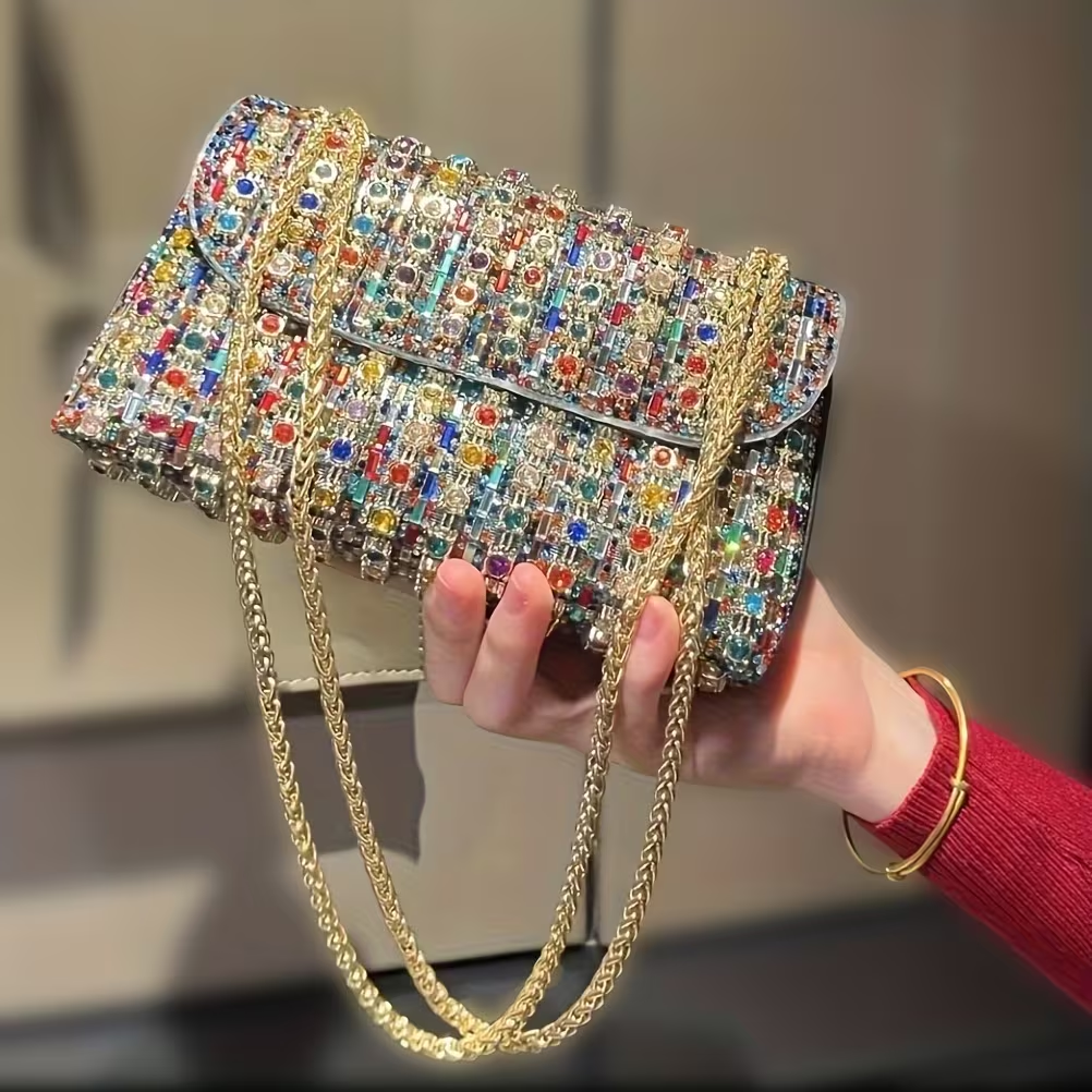 Rhinestone Clutch Bag Women'S Evening Bag, Sparkling Handheld Party Wallet, Texture, Full Diamond Heavy Decoration, Large Capacity, Golden Chain Shoulder Strap, Suitable For Dinner, Party, Formal Events, Halloween Gifts, Christmas Gifts