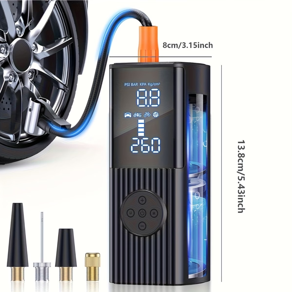 Portable Tire Inflator with Digital Pressure Gauge | 180 PSI, Rechargeable Battery, LED Light, Cordless, Suitable for Cars, Motorcycles, Bicycles, and Balls